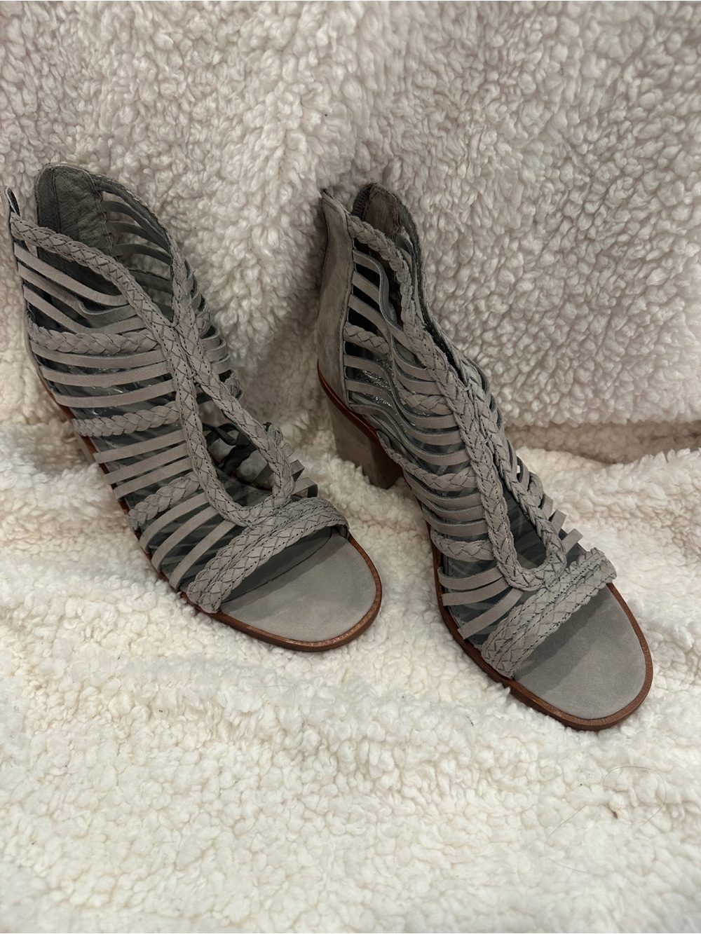Braided Strappy Open-Toe Heeled Sandals - Gray